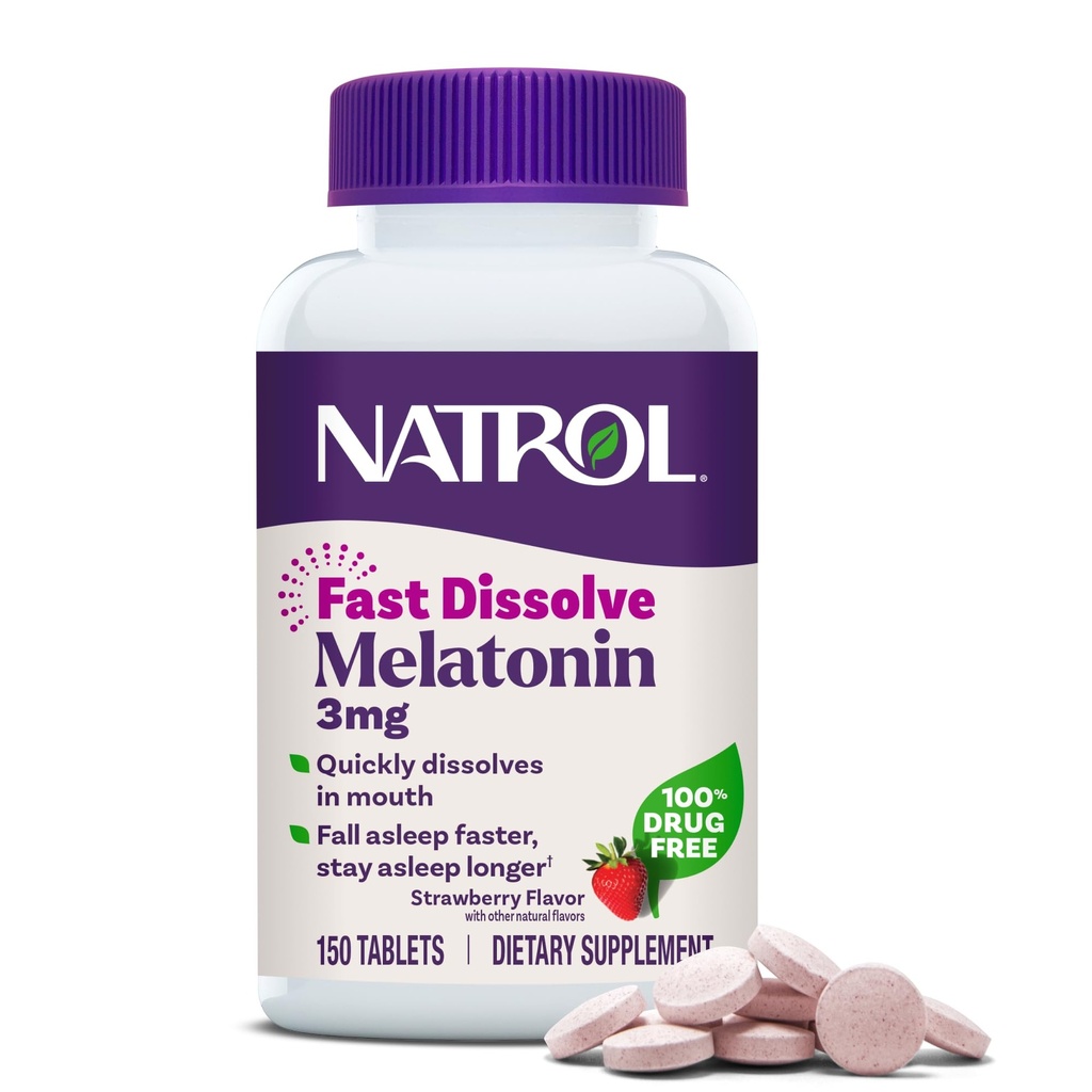 Natrol FastSolve Melatonin 3 mg, Melatonin 休息补充品,成人睡眠支持,150草莓味片,最多150天供应