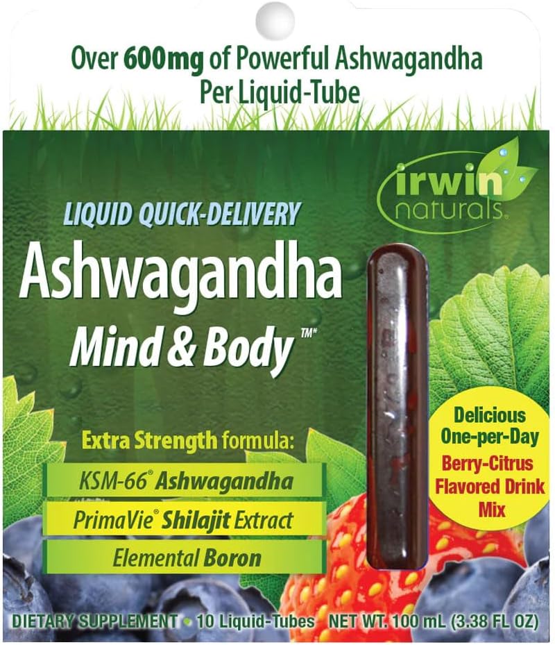 Irwin Naturals Liquid 快速交付 Ashwagandha Mind & body - 10 Liquid-Tube - 助推体能和精神性能 - 一天Berry-Citrus Flavored Drink Mix