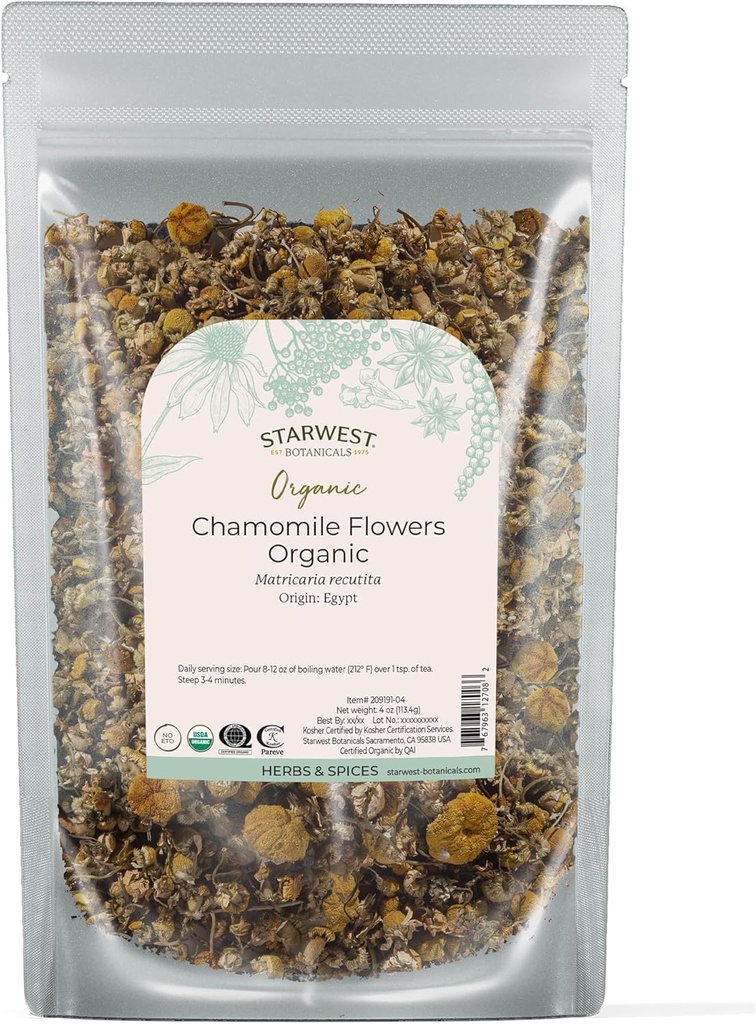 星西植物学 有机甘菊花全科 - 干 Loose Leaf Herb for Tea, Herbal Lotions, & Baking, Sourced from Egypt, recorded Kosher, Non-GMO - 4 oz 邮袋