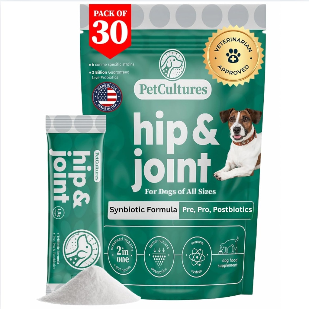 PetCultures Hip & Joint Tribiotic Powder,一种支持狗运动的食品Topper补充剂,配有亲生、生前和生后加Glucosamine & Chondroitin-美国制造