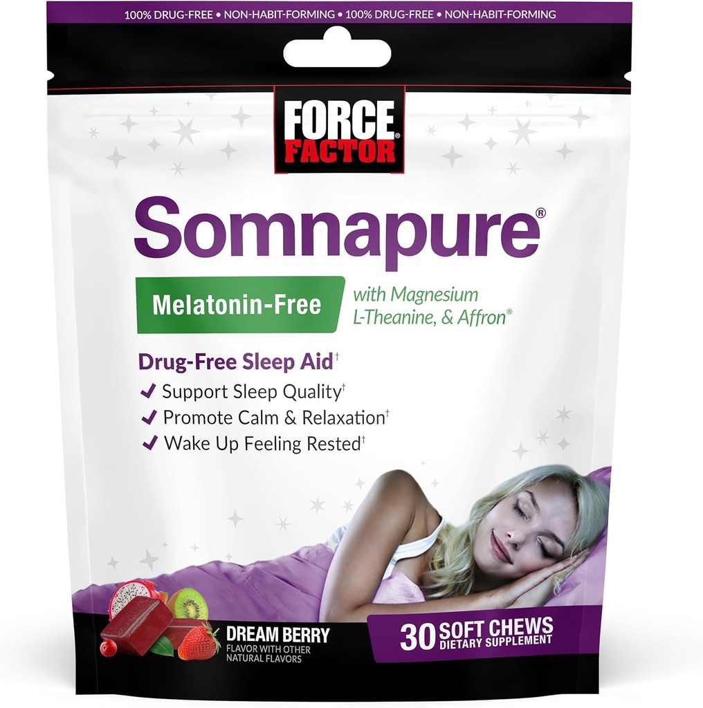 强制因子 Somnapure Melatonin- Free Soft Chews, 提高睡眠质量的睡眠援助, 为成人提供的Affron, Magnesium, L- Theanine, Chamomile, Lemon Balm, Dream Berry Flavor, 30 软 Chews 的睡眠援助