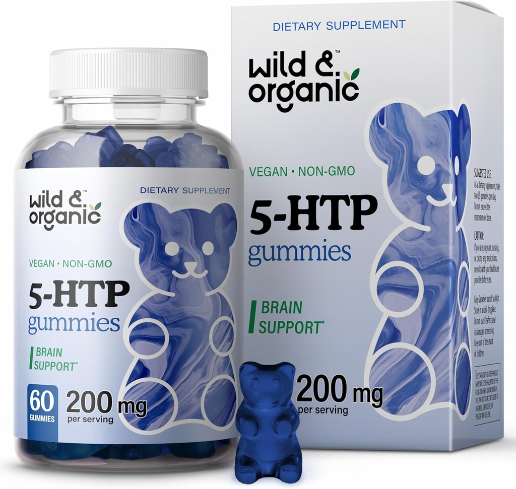 野生和有机5-HTP 200mg Mood Gummys - L-Tryptophan 用于放松和自然平静 - 5 HTP 用于大脑支持的补编 - 60 Vegan, Non-GMO 5HTP Gummys