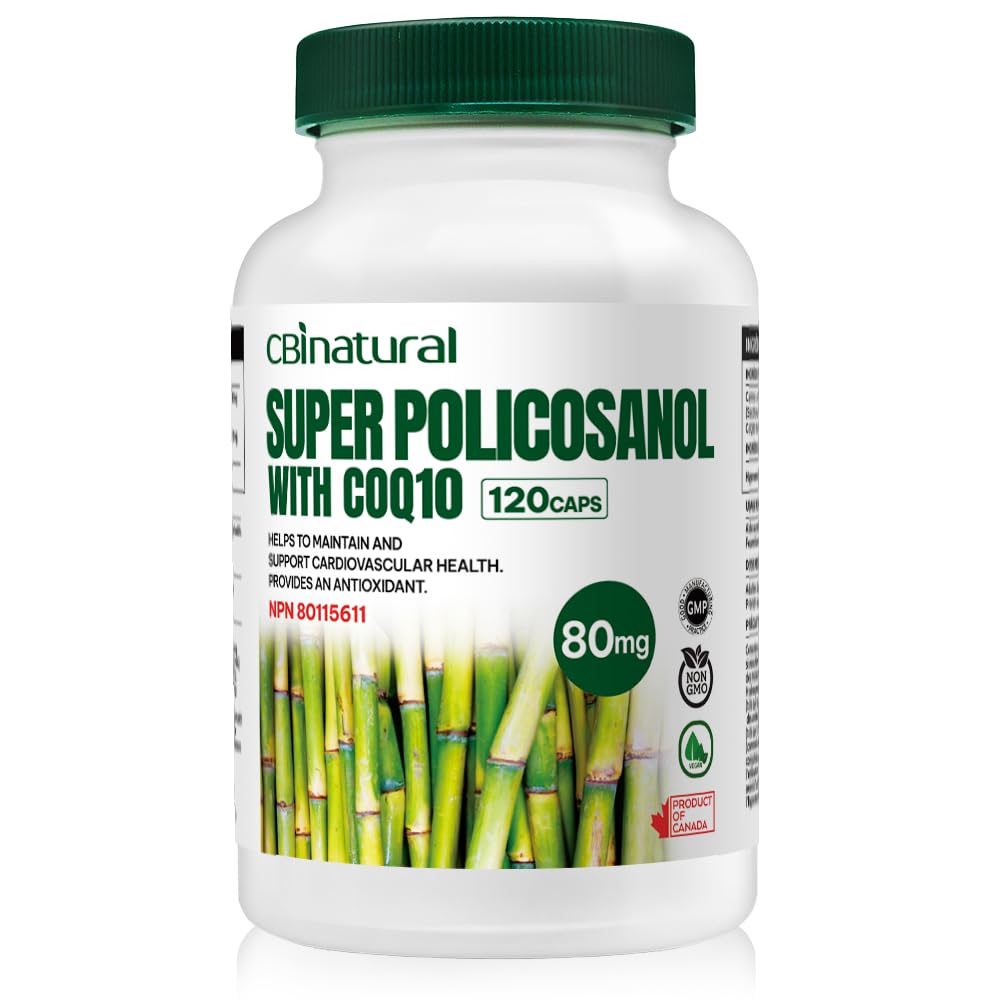 Super Sugarcane Policosanol 80毫克,配有CoQ10 30毫克、120个蔬菜囊、心脏和胆固醇支持、4-Month供应、非GMO、无葡萄糖