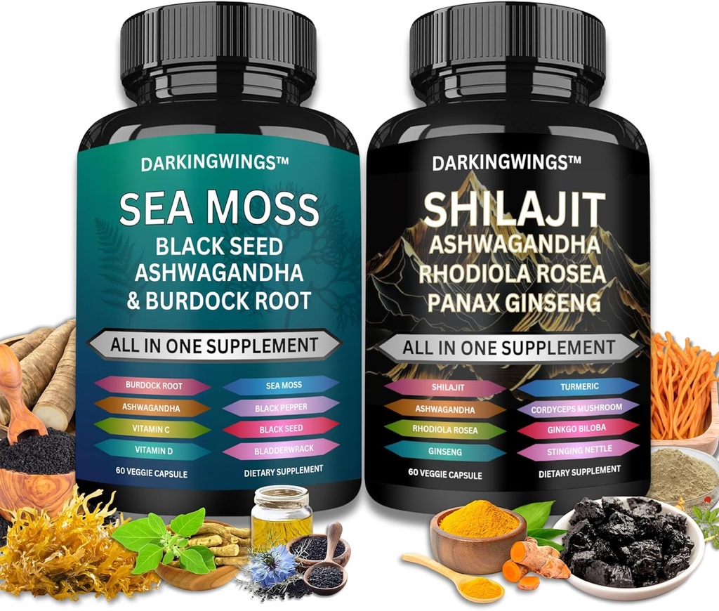 Shilajit和海苔组合-Sea Moss 3000mg,黑种子油 2000mg, Ashwagandha 2000mg, Shilajit 9000mg, Rhodiola Rosea1000mg, Panax Ginseng 1500mg 海洋苔藓和shilajit 捆绑, 全部为一个补充