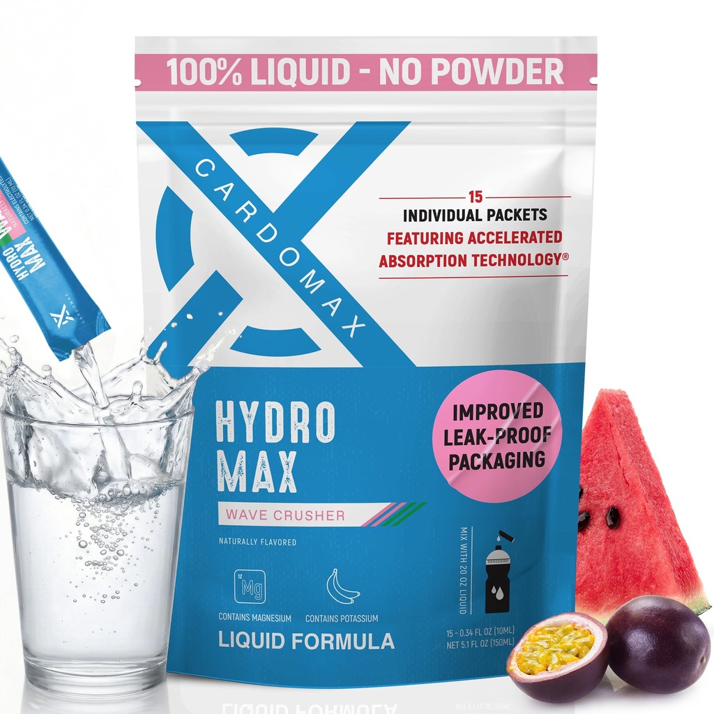 CardoMax Hydromax 电解质饮料混合剂 — Wavecrusher Flavor 15 带有钾和镁的液态包装 — Zero Sugar, Keto & Vegan Electrolytes 用于快速水分和恢复的补充