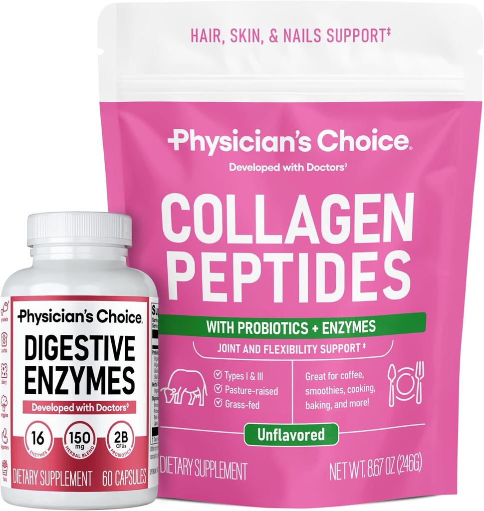 物理家的CHOICE - Full Gut Health Bundle:Collagen Peptides Powder + 消化酶 60ct 用于消化舒适,工作恢复, & Skin, Nails, 和联合支持