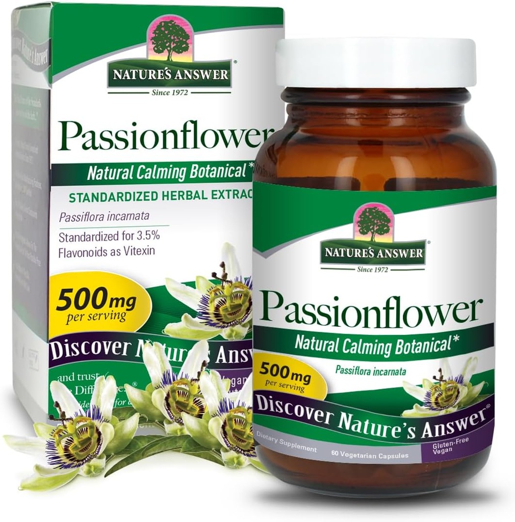 (原始内容存档于2019-09-26). Nature's Answer Passion Flower QQ 饮食补充 自然平静的植物学 Non-GMO QQ 无酒精,无葡萄糖,蔬菜和维根 60 Capsules