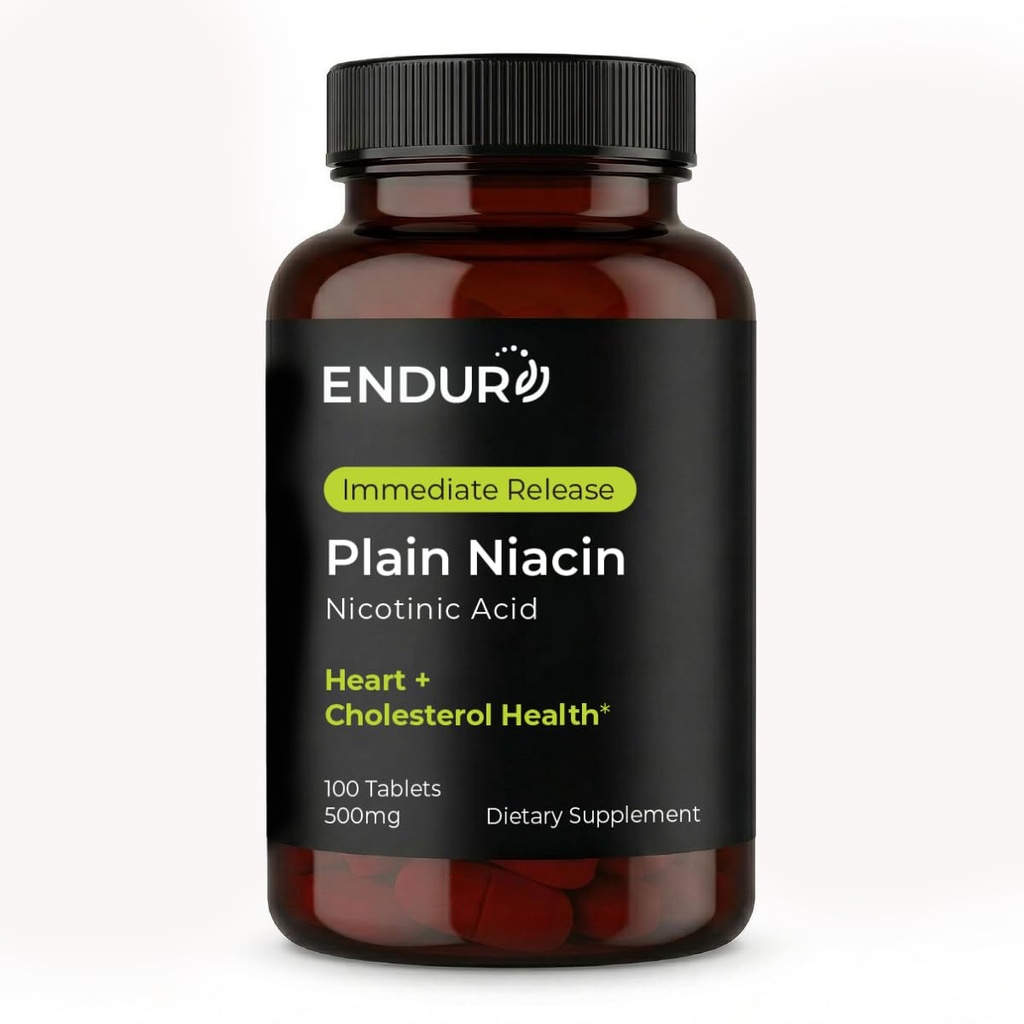 Endur Plain Niacin (Nicotinic Acid), 心脏健康与健康胆固醇平衡补充剂, 即时释放公式, Gluten Free, 500mg (100片)