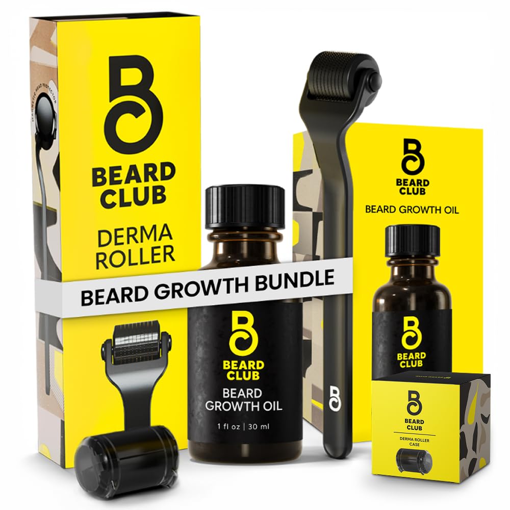 胡子俱乐部 Premium Derma Roller & Beard Growth Oil - 面部、体部和鳞片用540颗钛的微需求滚油 - 带Sandalwood & Cedar Beard Oil的胡子滚油