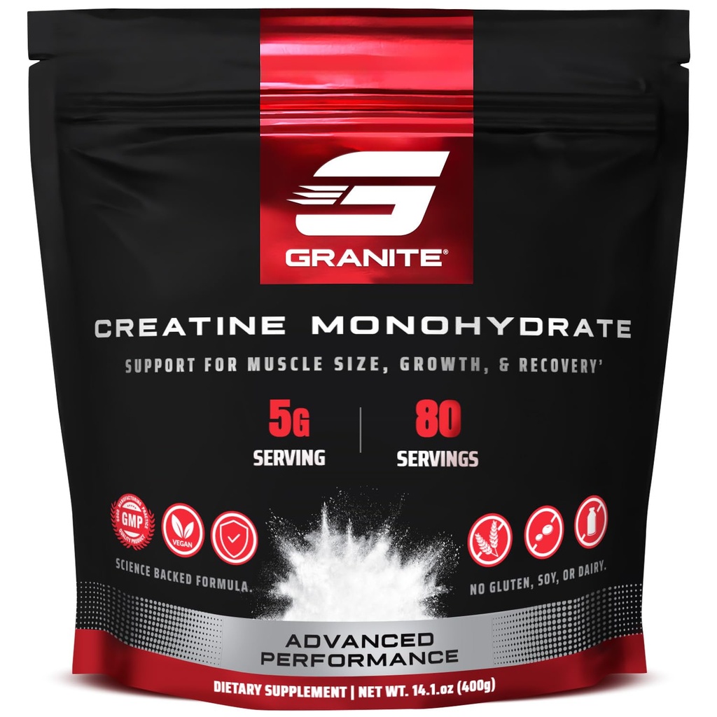 Granite Creatine 单水合物、支持力量、耐力、肌肉恢复、男子和女子的Creatine、无大豆、乳制品、无葡萄糖(80种服务)