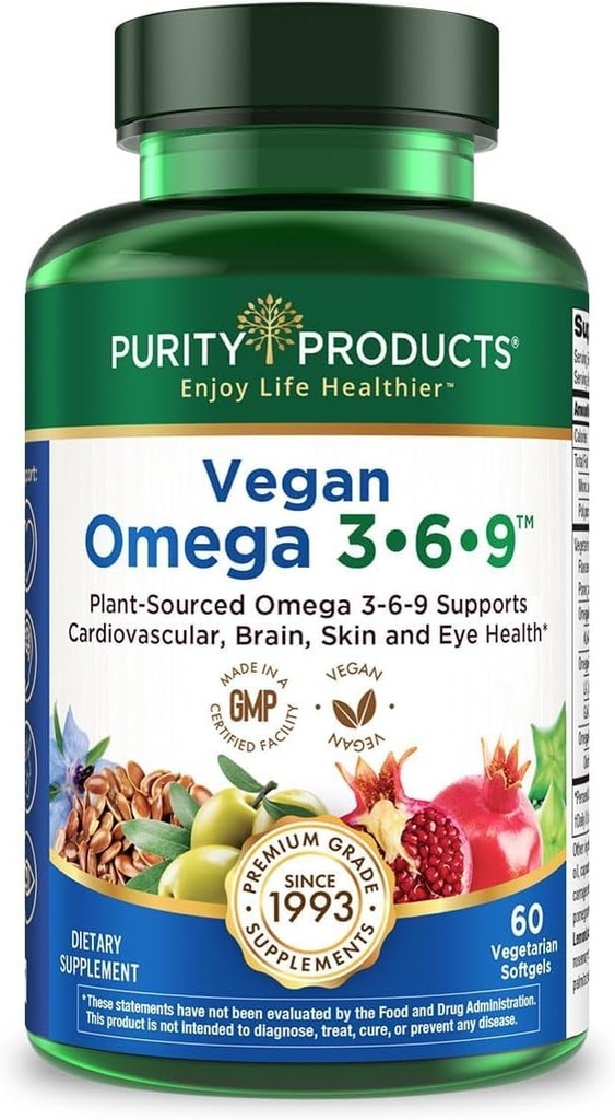 纯度产品Omega 3-6-9 Vegan和蔬菜配方-“5 in 1” 基本脂肪酸复合物-科学配方的基于植物的Omega 3 6 9 基本脂肪酸(EFA)-来自(60)