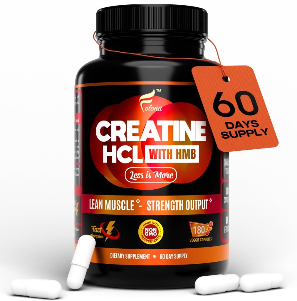 Creatine HCL Capsules with HMB - 男女工作补编,肌肉构建器,耐力,强力,优于单水合物:即时为最大吸收,无负载,无Bloat,180 Vegan Capsules