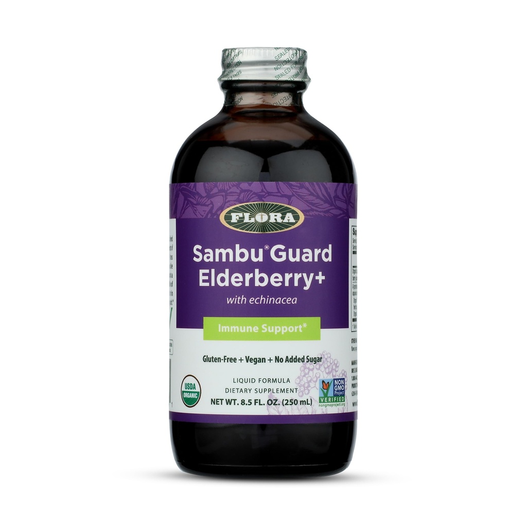 Flora Organic Black Elderberry Syrup + 8.5oz - Echinacea的Immune助推器,用于儿童与成年人,无添加糖,Gluten Free, Vegan, SambuGuard