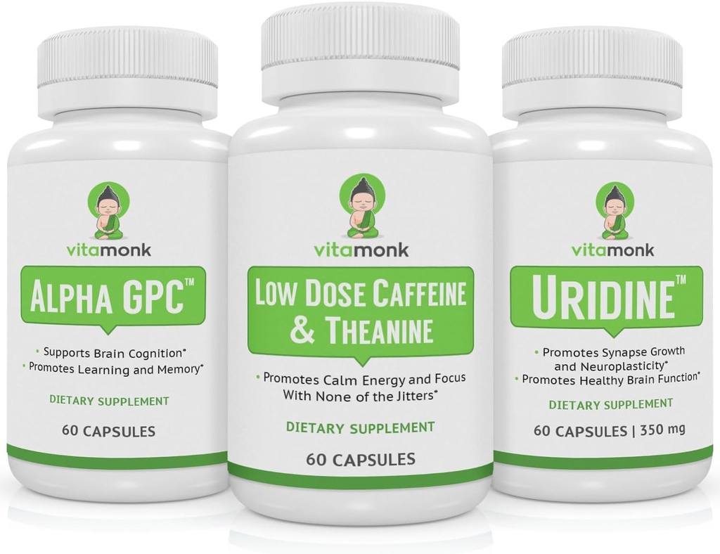 VitaMonk Brain Budle - Alpha GPC, Uridine, 低剂量咖啡因 + L- Theanine Duo