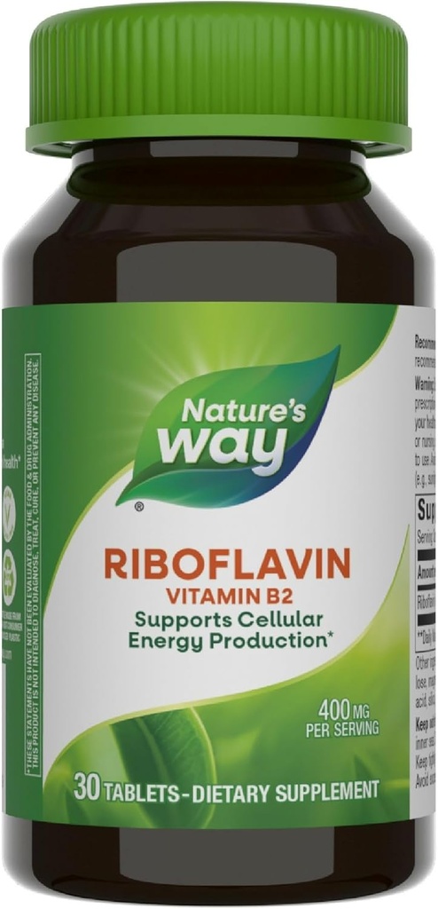 Nature's Way Riboflavin Vitamin B2, 支持细胞能量生产*, Vegan, 30 片(包装 May Vary)