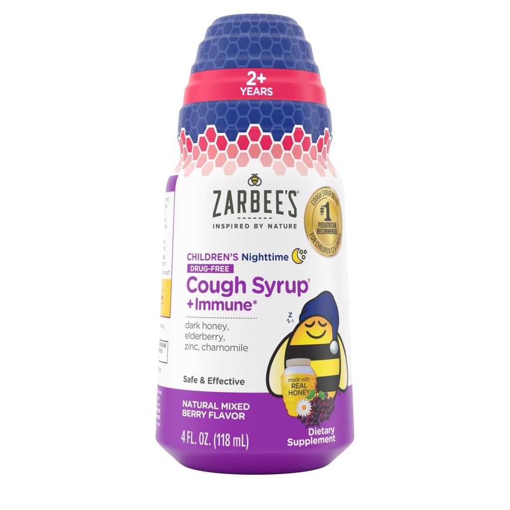 Zarbee's Children's Nighttime Honey Cough Syrup + immune for Kids 2+, Cough Syrup with Soothing Dark Honey, Real Elderberry, 维生素D & Zinc, & Chamomile, 无毒,混合莓, 4 f.
