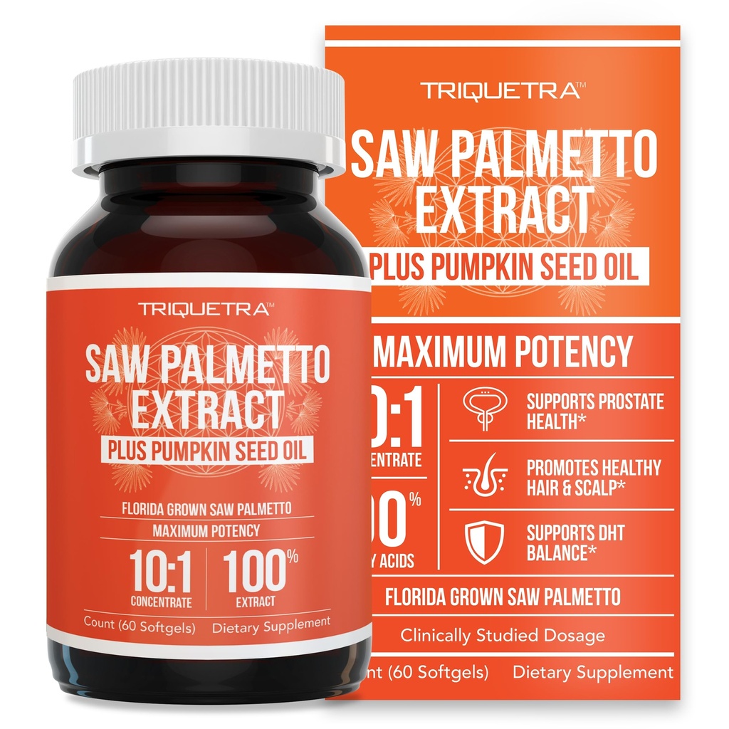 Saw Palmetto Extract – 10X Potency, 药品级优势 - + 南瓜种子油 - 支持前列腺健康, 解放尿液问题, 支持毛发生长, DHT 阻塞器 - 60 Softgels