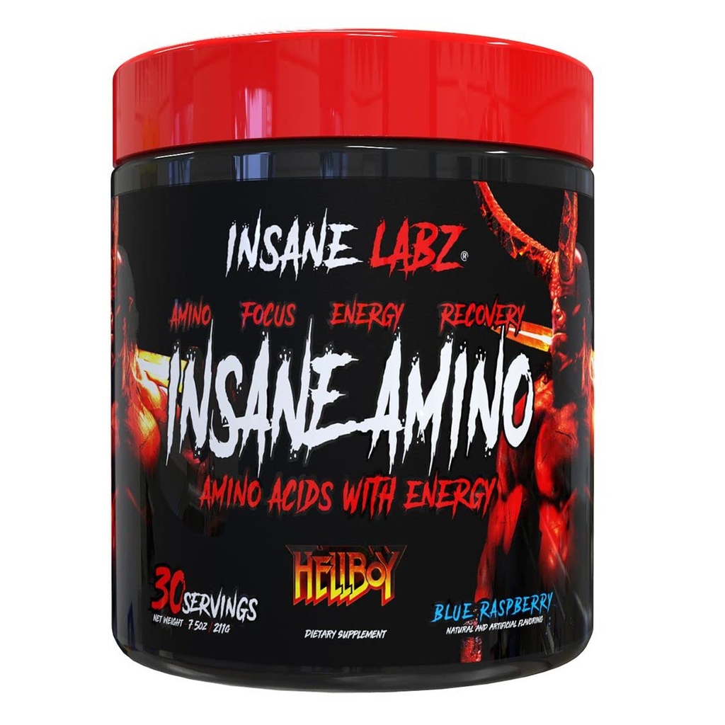 Insane Labz Insane Amino Hellboy Edition, 带有能量聚焦肌肉恢复的BCAA, 工作内粉, 2 1 1 分支链氨基酸粉, 30 Srvgs, 蓝莓