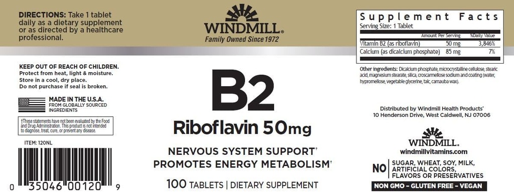 风车 维生素B-2 50毫克 片剂 - 100 ea(6包)