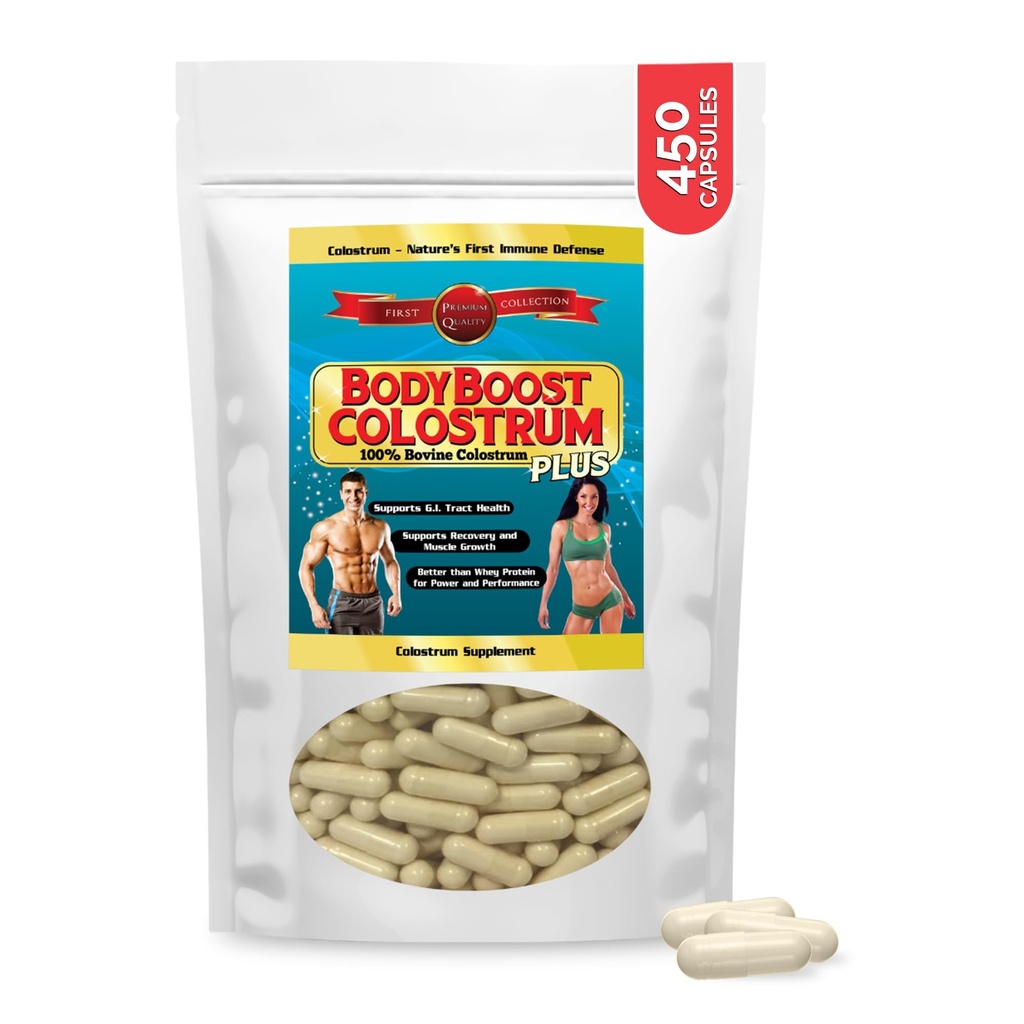 BodyBoostrom Colostrum Capsules, 100% Bovine Colostrum Powder, Immune Boster 补充 免疫球蛋白和Lactoferrin, 超级食品促进古特健康和肌肉生长, 异型摄入, 450 Capsules