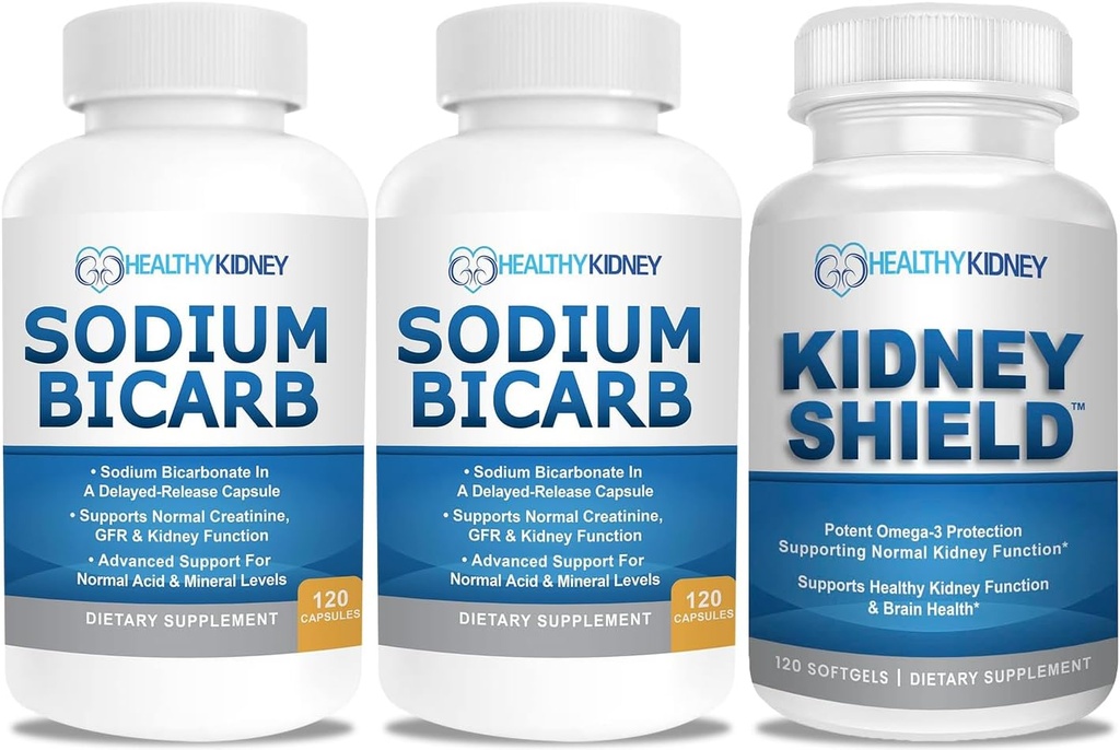 Bicarpate钠 650mg Capsules 用于酸性救济,Alkalinity 120 Pills 2-Pack + Kidney Shield 120 Caps Kedney 补充支持正常的肾功能