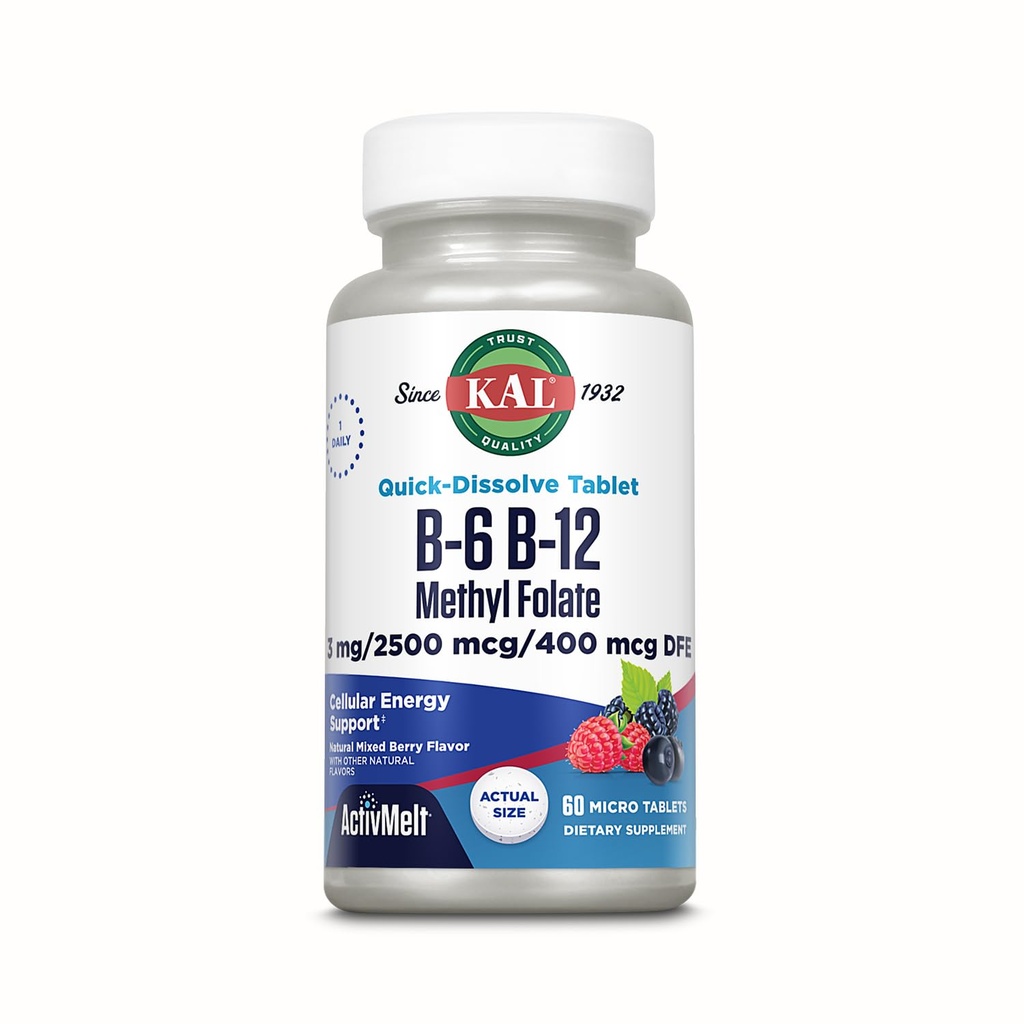 KAL 维生素B-6 B-12 甲基福拉提活性物质,维生素B补编,心脏健康,能量和红血球支持,并配有甲基B12和DFE Folic Acid,天然莓香,60种服务,60种微标签