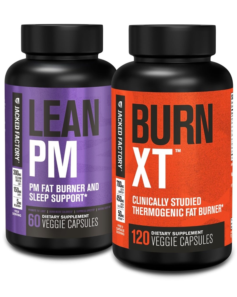 Jacked Factory Lean PM Night Time Fat Burner,睡眠援助补充剂, & Appetite 抑制剂(60 Capsules) & Burn-XT临床研究脂肪燃烧器和体重损失补充剂(120 Capsules)