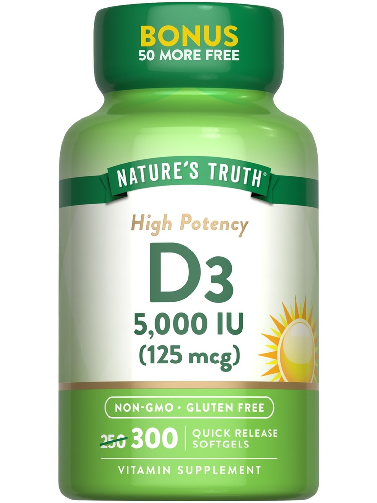 自然真理维生素D35000 IU(125 mcg) 软胶300 高概率维生素D | Non-GMO和Gluten免费补充