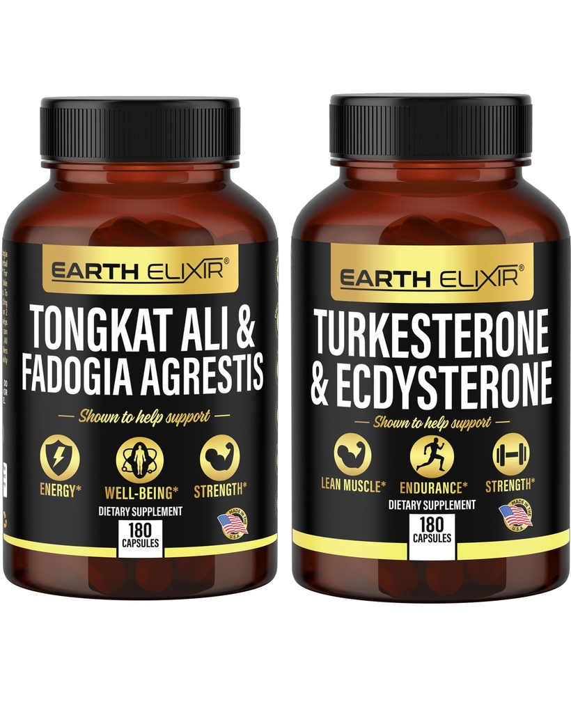 Earth Elixir Fadogia Agrestis 600mg 和 Tongkat Ali 500mg + Turkesterone 100mmg 和 Ecdysterone 1000mg 补充剂(180 Capsules)