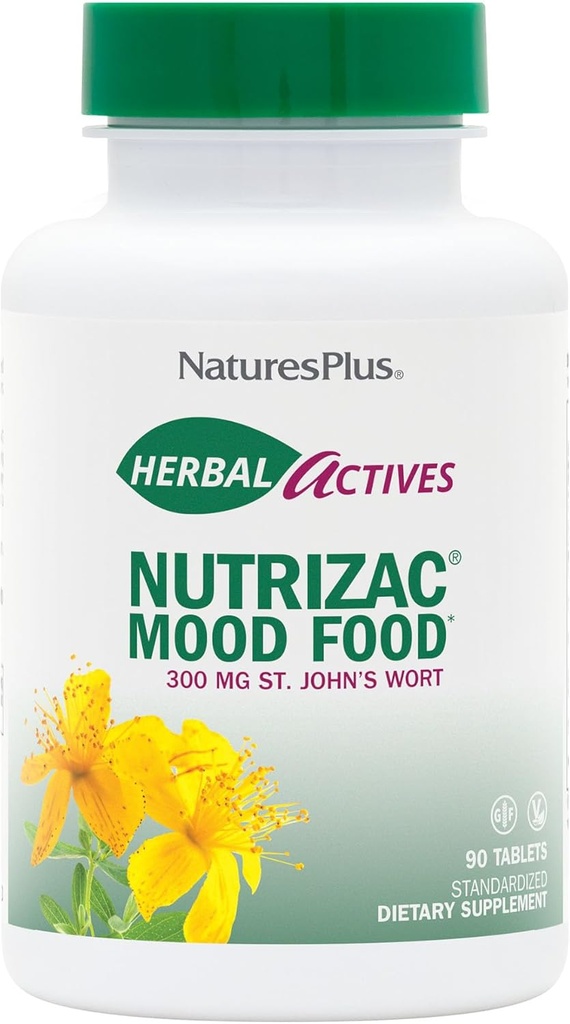 Natures Plus Herbal Actives NutriZAC Mood Food - 300 mg St Johns Wort, 90 Vegan Bi-Layered 药片 - 最大可能性 自然Mood 助推器 - 蔬菜,无葡萄糖 - 90 services