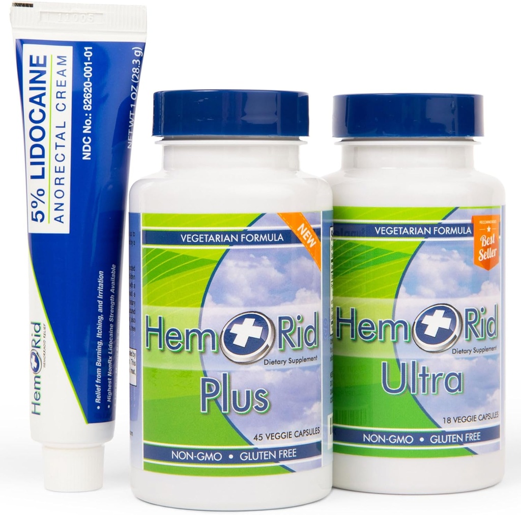 HemRid Plus, Ultra, 以及5%的利多卡因奶油箱 — — Herbal出血补充剂和最大强度的出血护理乳汁 — — 内外出血的三联行动救济