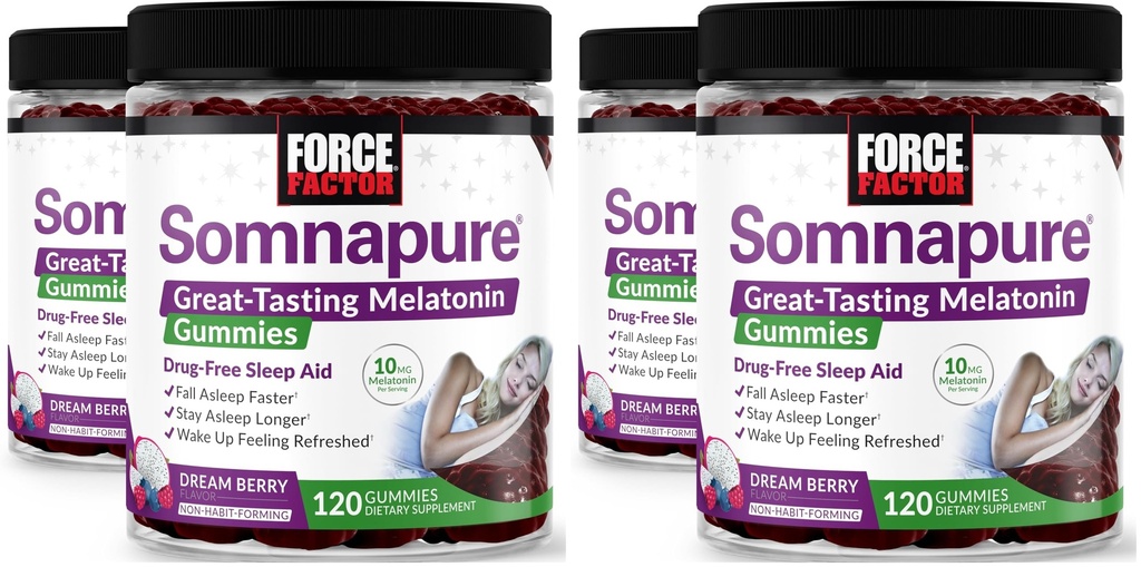 Force Factor Somnapure Gummies with Melatonin, Drug-Free Sleep Support Supplement for Adults with Occasional Sleeplessness, Dream Berry Flavor, 120 Count (Pack of 4)