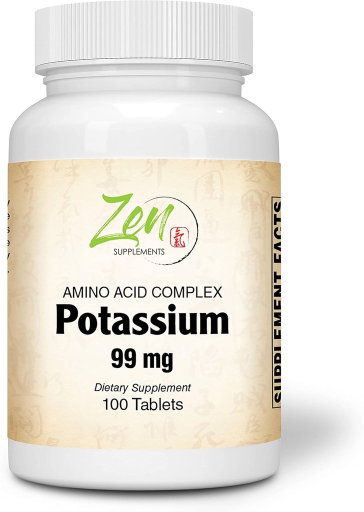 Zen 补充剂 - Potassium 99 mg(氨基酸) 100-Tabs - 流体与电解平衡公式 - 心脏,神经和肌肉功能支持