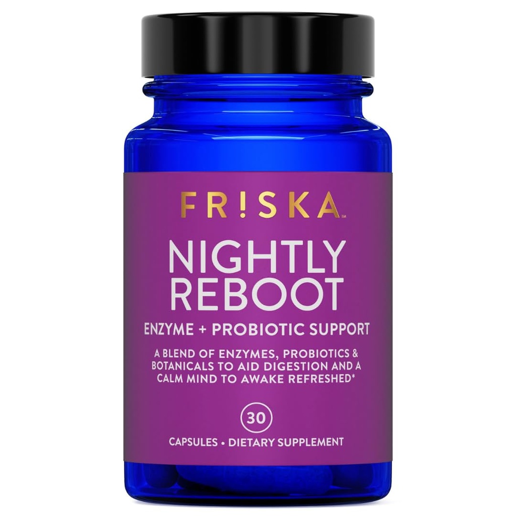 FRISKA Nightly Reboot Enzyme and Probiotics Supplement,促进更好的消化和睡眠,支持男女的Gut健康,Melatonin, Chamomile, 30 Capsules