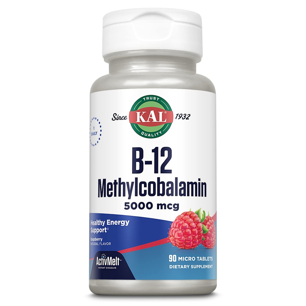 KAL 维生素 B12 甲基Cobalamin 5000mcg, 健康能源,代谢, Nerve 和红血球支持,* 快速溶解活性元件, 最佳吸收, 天然树莓火焰, 90种服务, 90种微标签