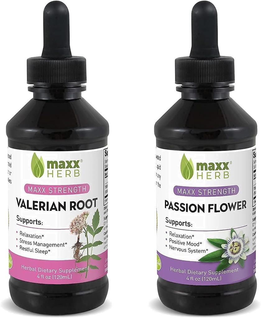更好的睡眠套装 - Maxx Herb Passion Flower 提取器 + Valerian root 提取器 - 用于放松和压力管理,无酒精 - (每个1个) 4 Oz瓶(60个服务)