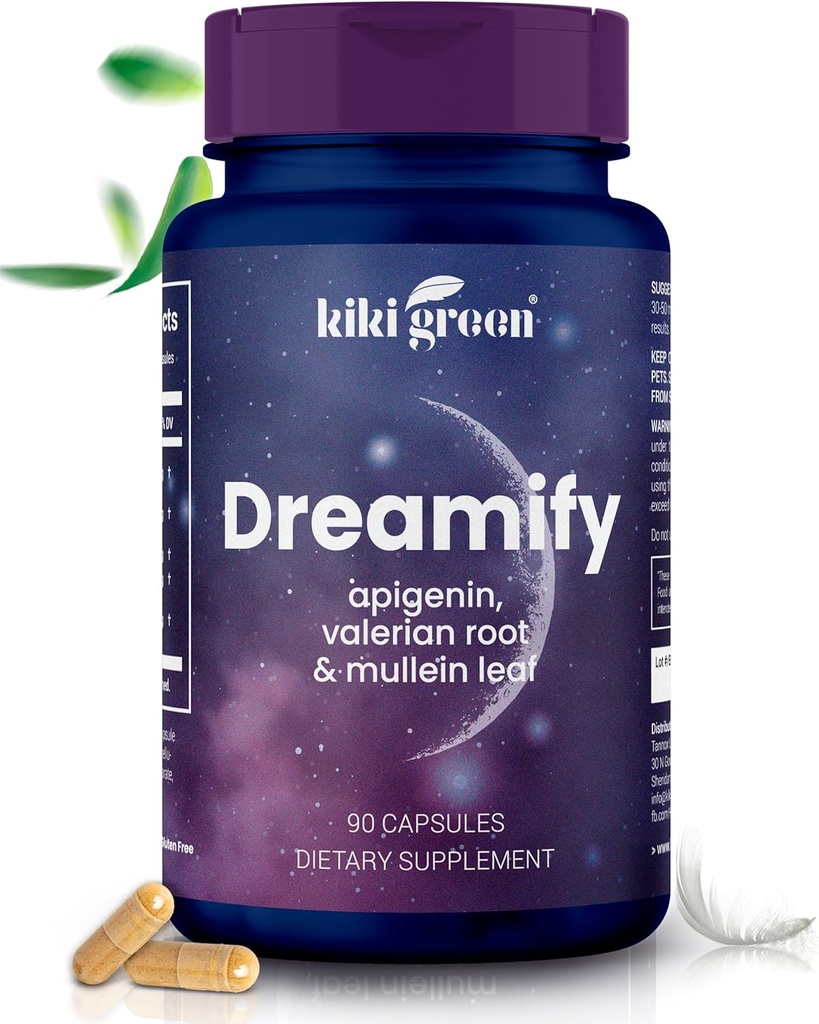 KIKI Green DREAMIFY 补编 - Apigenin, Valerian Root, Mullein 叶片提取 - 休息,放松,健康睡眠周期 - 90 Vegan Capsules