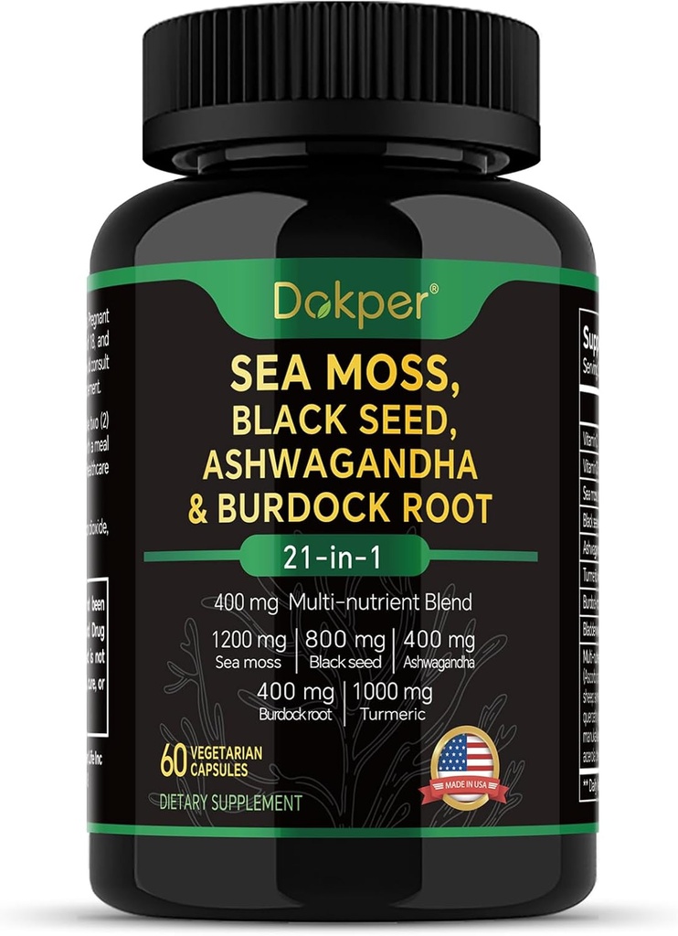 Sea Moss, Ashwagandha, 黑种子石油补充品, 维生素C和D3 配有Turmeric, Bladderwrack & Burdock Root, 天然草药支持男女 60 Capsules, 饮食补充品, 第1包