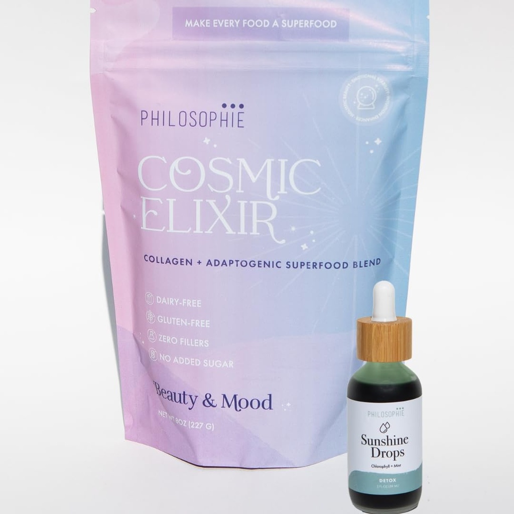 Philosophie Sunshine Drops & Cosmic Elixir Bundle - 液态氯酚和超级食品粉末混合剂 - 所有天然植物2包