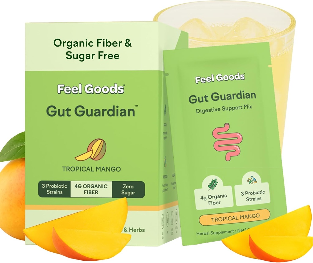 Feel Gut Gut Guat Guardian,有机纤维,亲生和预生粉,无糖,草药换布洛特,Gut健康支持,男女消化健康,非转基因生物,Vegan,热带芒果,15种服务