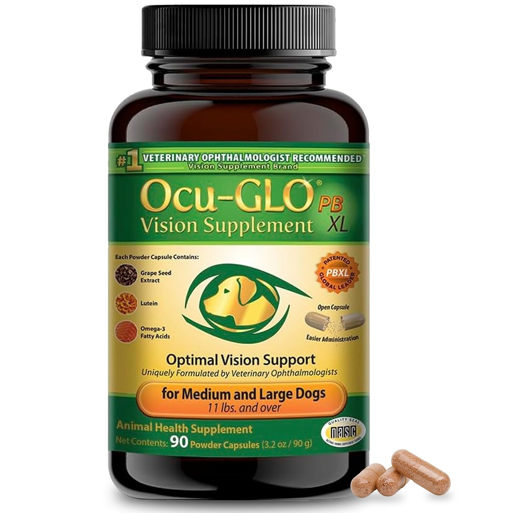 Ocu-GLO PB 中型和大型狗的愿景补编 — 易用Lutein、Omega-3脂肪酸、葡萄种子提取剂和抗氧化剂管理粉末混合剂,促进眼部健康,90厘米粉末卡普尔