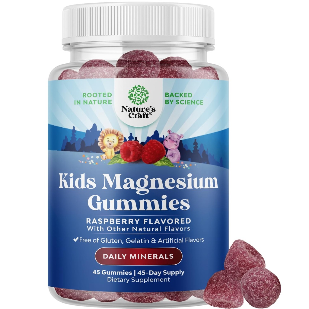 Kids Magnesium Gummys - 冷静 Mg Citrate 补充 Raspberry Flavor - 冷静 Magnesium 补充 Nerve 健康肌肉和心脏支持 - Mag Citrate Gummys - 45 Counter Pack