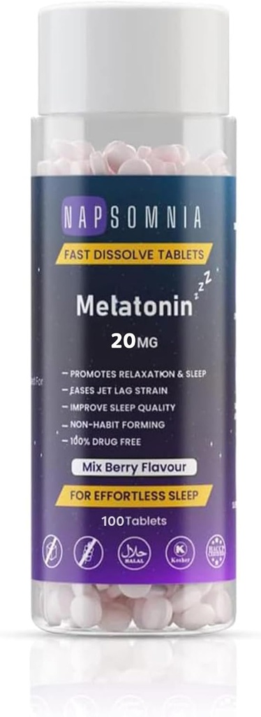 梅拉托宁快速溶解石碑 — Mix Berry Chewable Melatonnin 石碑 — 非哈比特-Forming Melatonnin 成人睡眠援助 — 糖免费Melatonnin 石碑用于安眠 — — 20 MG(100)