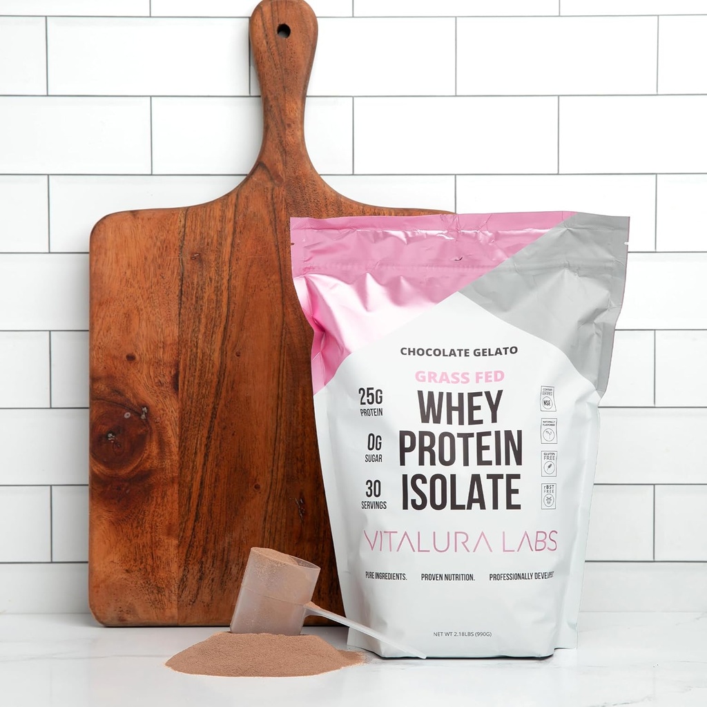 Vitaura Labs Grass-Fed Whey蛋白隔离剂 - 蛋白质 25g(DVD 50%) Pervice - 100% Whey Isolate - NSF 内容认证 - 巧克力 Gelato Flawared - 无填充剂 - 轻松文摘 - 30 services