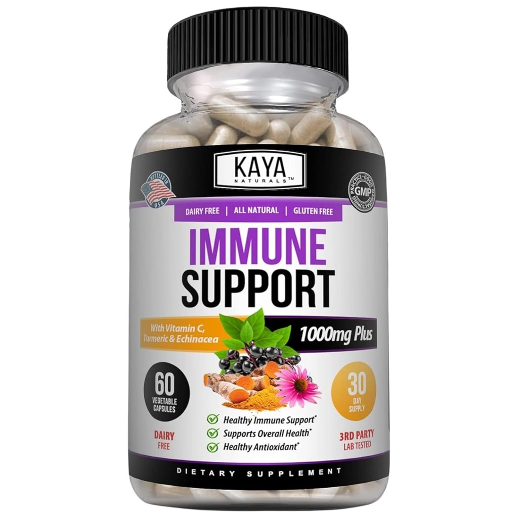 Kaya Naturals Elderberry Immune 支持,用于成人维生素、Probiotics和Turmeric 1000mg Immune System Booster Sambucus Capsules的含锌和维生素C的老莓-60个计数