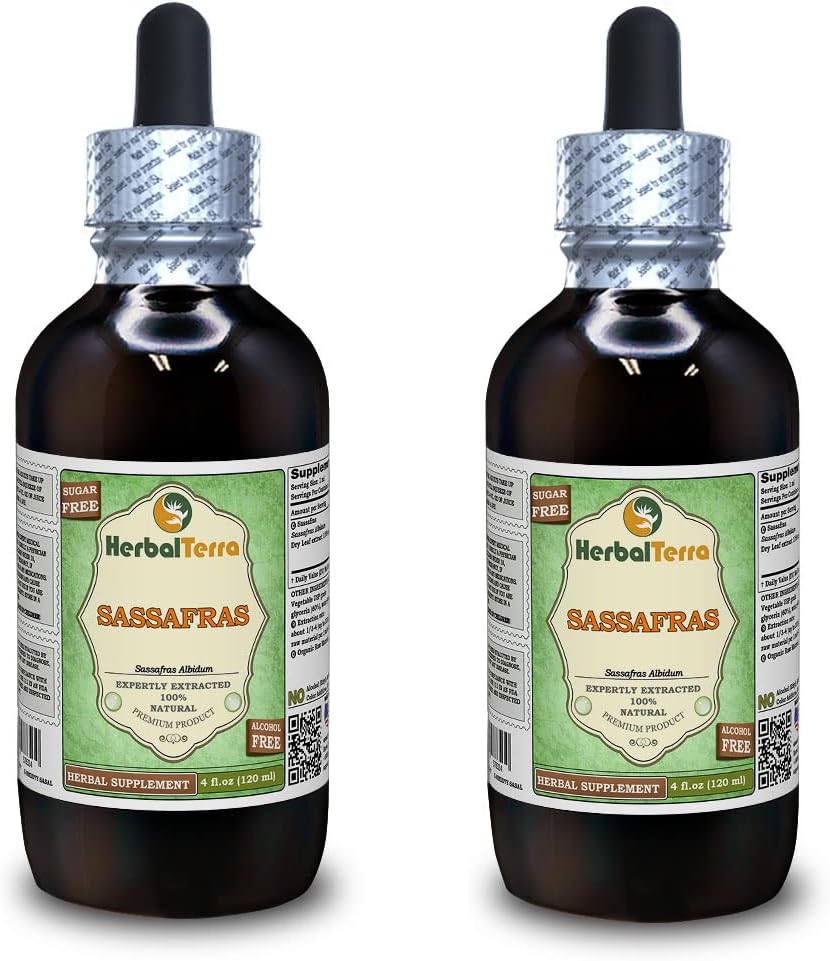 Organic Sassafras (Sassafras Albidum) Glycerite, Dried Leaves Alcohol-Free Liquid Extract (Brand Name: HerbalTerra, Proudly Made in USA) 2x4 fl.oz (2x120 ml)