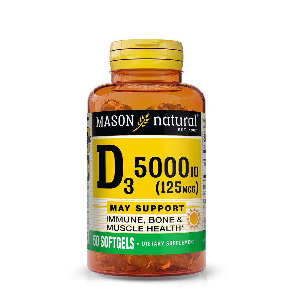 MASON 天然维生素D3 125 mcg(5000 IU),支持骨,肌肉和免疫健康,来源于鱼肝油,50软胶,包装3