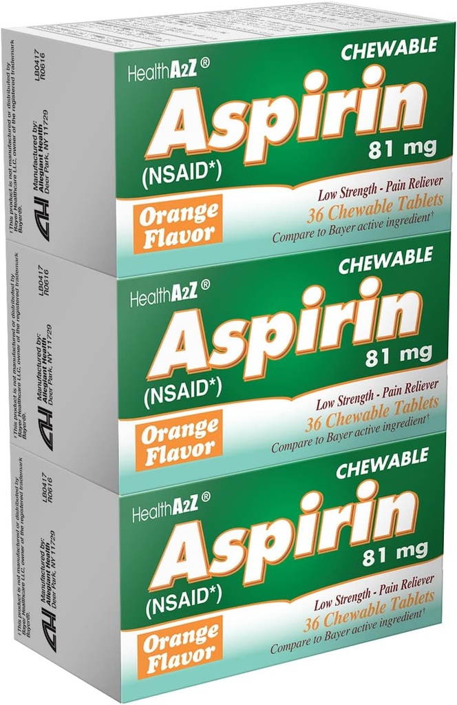 健康 A2Z® Aspirin 81mg 低强度切片 减痛药 减热药 橙色 Flavor 减小痛药 头痛药 肌肉疼痛药 36 Counter(3包).