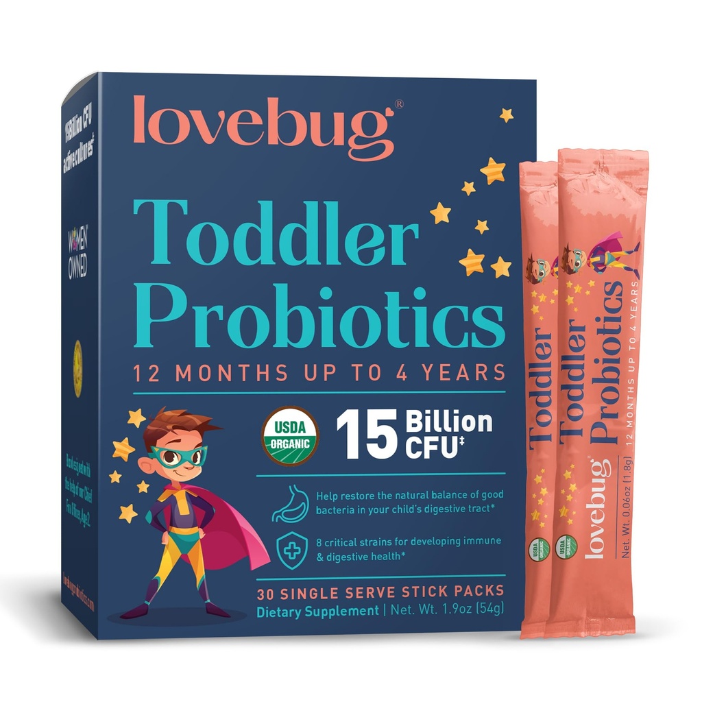 Lovebug Kids Probiotic Powder with Prebiotic Fiber - Todler豁免支助和便秘救济 - USDA 儿童Gut和消化健康有机原生药物(年龄1-4岁) - 30 Pack (未尝有)