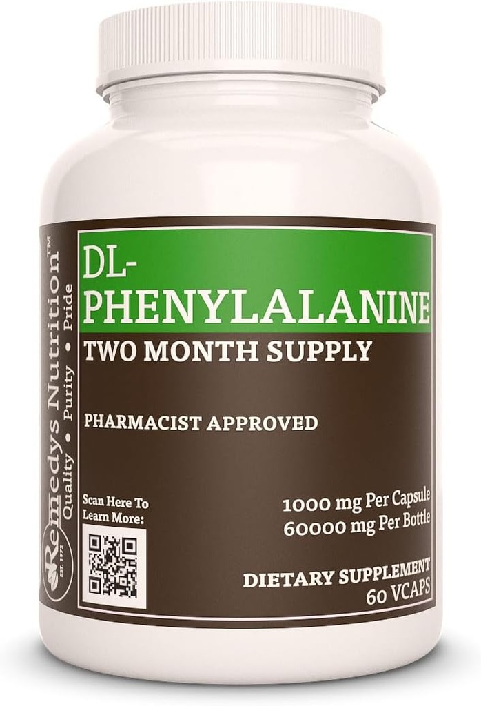 补救措施 营养 DL-苯丙胺(DLPA) − 1000 毫克,60 Vegan Capsules 饮食补充 − 两个月供应